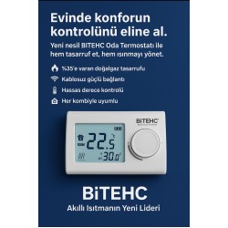 Bitech SS331 Kablosuz Dijital Kombi Oda Termostatı (Beyaz RF - Kolay Menüsüz Kullanım)